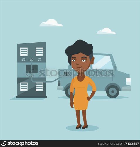 Young african-american woman charging her electric car at the charging station. Smiling woman standing near power supply for charging of electric car. Vector cartoon illustration. Square layout.. Woman charging electric car at charging station.