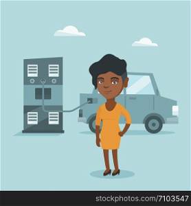 Young african-american woman charging her electric car at the charging station. Smiling woman standing near power supply for charging of electric car. Vector cartoon illustration. Square layout.. Woman charging electric car at charging station.
