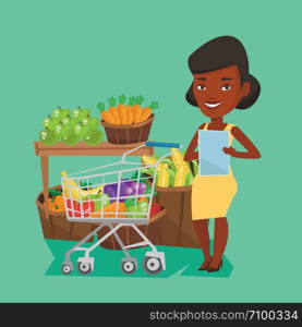 Young african-american woman checking shopping list. Smiling woman holding shopping list near trolley with products. Happy girl writing in shopping list. Vector flat design illustration. Square layout. Woman with shopping list vector illustration.