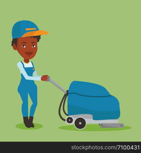 Young african-american woman cleaning supermarket floor. Friendly woman working with cleaning machine. Female worker of cleaning services in supermarket. Vector flat design illustration. Square layout. Female worker cleaning store floor with machine.