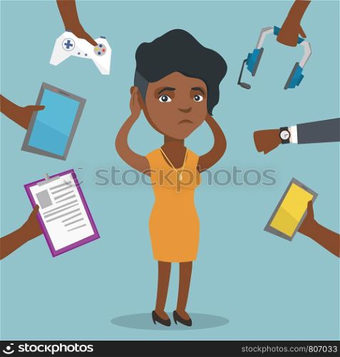 Young african-american woman clutching head and many hands with gadgets around her. Business woman in despair surrounded by many gadgets. Vector cartoon illustration. Square layout.. Young african-american woman surrounded by gadgets