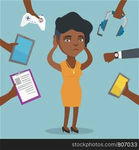 Young african-american woman clutching head and many hands with gadgets around her. Business woman in despair surrounded by many gadgets. Vector cartoon illustration. Square layout.. Young african-american woman surrounded by gadgets