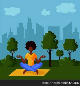 Young african american woman doing yoga in park outdoor, girl is in lotus position doing exercise and meditation. Female character in flat style, vector illustration. Yoga Different People