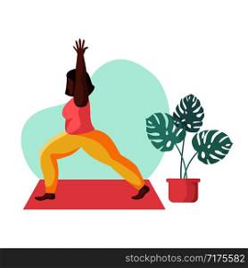 Young african american woman doing yoga on mat, girl doing sport exercise and meditation. Female character in flat style. Isolated figure and potted flower, vector illustration. Yoga Different People