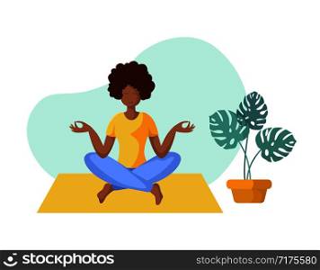 Young african american woman doing yoga on mat, girl is in lotus pose doing exercise and meditation. Female character in flat style. Isolated figure and potted flower, vector illustration. Yoga Different People