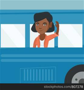 Young african-american woman enjoying her trip by bus. Passenger waving hand from the bus window. Cheerful tourist peeking out of bus window and waving hand. Vector cartoon illustration. Square layout. Young african woman waving hand from bus window.