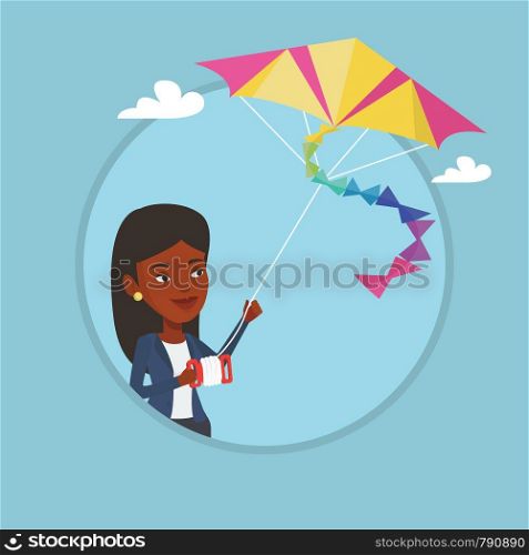 Young african-american woman flying a colourful kite. Woman controlling a kite. Happy woman walking with kite. Vector flat design illustration in the circle isolated on background.. Young woman flying kite vector illustration.