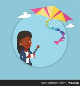 Young african-american woman flying a colourful kite. Woman controlling a kite. Happy woman walking with kite. Vector flat design illustration in the circle isolated on background.. Young woman flying kite vector illustration.