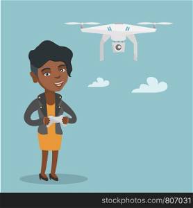 Young african-american woman flying drone with a remote control. Woman operating a drone with a remote control. Woman controling a drone. Vector cartoon illustration. Square layout.. Young african-american woman flying drone.