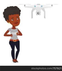 Young african-american woman flying drone with remote control. Woman operating a drone with remote control. Woman controling a drone. Vector flat design illustration isolated on white background.. Woman flying drone vector illustration.