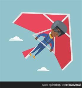 Young african-american woman flying on hang-glider. Sportswoman taking part in hang gliding competition. Woman having fun while gliding on deltaplane in sky. Vector cartoon illustration. Square layout. Young african-american woman flying on hang-glider