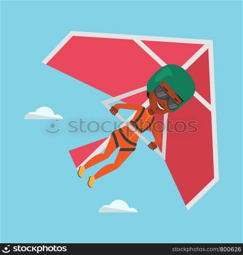 Young african-american woman flying on hang-glider. Sportswoman taking part in hang gliding competitions. Woman having fun while gliding on delta-plane. Vector flat design illustration. Square layout.. Woman flying on hang-glider vector illustration.