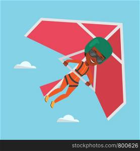 Young african-american woman flying on hang-glider. Sportswoman taking part in hang gliding competitions. Woman having fun while gliding on delta-plane. Vector flat design illustration. Square layout.. Woman flying on hang-glider vector illustration.