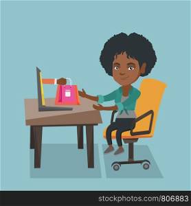 Young african-american woman getting shopping bags from a laptop. Woman making an online order in a virtual shop. Woman using a laptop for online shopping. Vector cartoon illustration. Square layout.. African woman getting shopping bags from laptop.