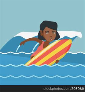 Young african-american woman having fun during execution of a move on an ocean wave. Happy surfer on a surfboard. Lifestyle and water sport concept. Vector cartoon illustration. Square layout.. Young african-american surfer on a surfboard.