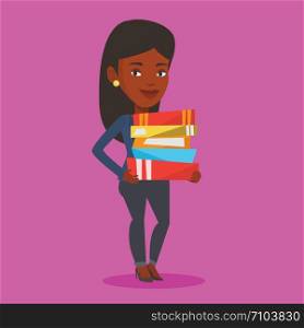 Young african-american woman holding a pile of educational books in hands. Student carrying huge stack of books. Student preparing for exam with books. Vector flat design illustration. Square layout.. Woman holding pile of books vector illustration.