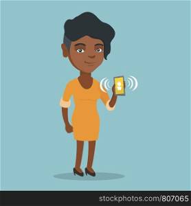 Young african-american woman holding a ringing mobile phone. Full length of woman showing a ringing phone in hand. Happy woman answering a phone call. Vector cartoon illustration. Square layout.. Young african woman holding ringing mobile phone.