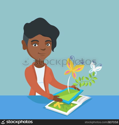 Young african-american woman holding a tablet computer above the book and looking at butterflies flying out from the device. Concept of augmented reality. Vector cartoon illustration. Square layout.. Young woman holding tablet computer above the book