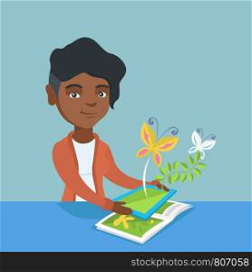 Young african-american woman holding a tablet computer above the book and looking at butterflies flying out from the device. Concept of augmented reality. Vector cartoon illustration. Square layout.. Young woman holding tablet computer above the book