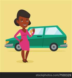 Young african-american woman holding keys to her new car. Happy woman showing key to her new car. Smiling woman standing on the backgrond of her new car. Vector flat design illustration. Square layout. Woman holding keys to her new car.