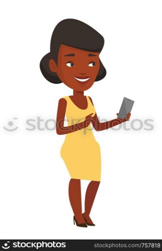 Young african-american woman holding mobile phone. Woman pointing at something on mobile phone. Woman standing with mobile phone in hand. Vector flat design illustration isolated on white background.. Young smiling woman holding mobile phone.