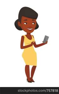 Young african-american woman holding mobile phone. Woman pointing at something on mobile phone. Woman standing with mobile phone in hand. Vector flat design illustration isolated on white background.. Young smiling woman holding mobile phone.