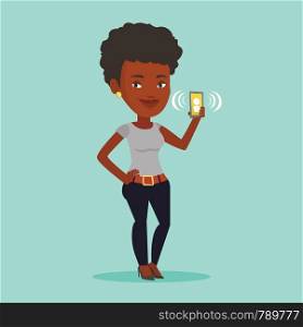 Young african-american woman holding ringing mobile phone. Smiling woman answering a phone call. Woman standing with ringing phone in hand. Vector flat design illustration. Square layout.. Woman holding ringing mobile phone.