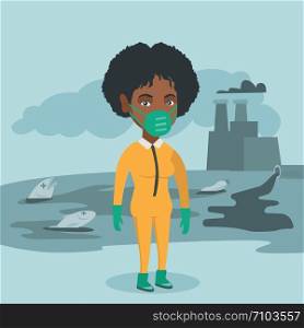 Young african-american woman in gas mask and yellow protective suit standing on the background of nuclear power plant and polluted lake. Vector cartoon illustration. Square layout.. Scientist wearing radiation protection suit.