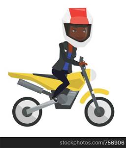 Young african-american woman in helmet riding a motorcycle. Woman driving a motorcycle. Woman riding a motorcycle. Vector flat design illustration isolated on white background.. Young african-american woman riding motorcycle.
