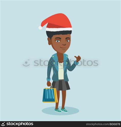 Young african-american woman in santa hat holding shopping bags with christmas gifts and giving thumb up. Cheerful woman shopping for christmas gifts. Vector cartoon illustration. Square layout.. Woman in santa hat shopping for christmas gifts.