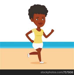 Young african-american woman jogging on the beach. Sporty woman jogging along the seashore. Fit happy woman enjoying jogging on the beach. Vector flat design illustration isolated on white background.. Young sporty woman jogging on the beach.