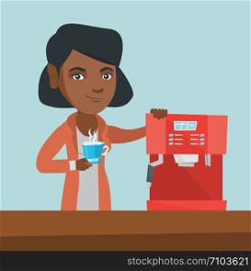 Young african-american woman making coffee with a coffee-machine. Woman holding a cup of hot coffee in hand. Smiling woman standing beside a coffee machine. Vector cartoon illustration. Square layout.. Young african-american woman making coffee.