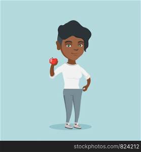 Young african-american woman on a diet. Slim smiling woman in oversized pants showing the results of her diet. Concept of dieting and healthy lifestyle. Vector cartoon illustration. Square layout.. Slim woman in pants showing the results of diet.