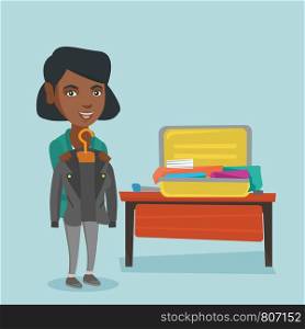 Young african-american woman packing clothes in an opened suitcase. Smiling woman putting a jacket into a suitcase. Cheerful woman preparing for vacation. Vector cartoon illustration. Square layout.. African woman packing clothes in a suitcase.