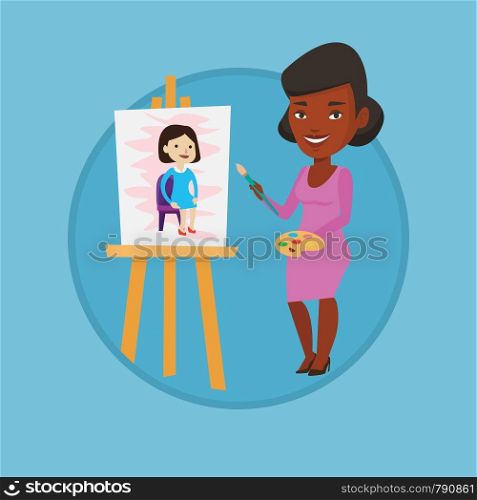 Young african-american woman painting on canvas. Creative smiling artist drawing on an easel. Cheerful artist working on painting. Vector flat design illustration in the circle isolated on background.. Creative female artist painting portrait.
