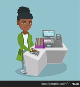 Young african-american woman paying wireless with her smart watch at the checkout counter. Customer making payment for a purchases with a smart watch. Vector cartoon illustration. Square layout.. African woman paying wireless with a smart watch.