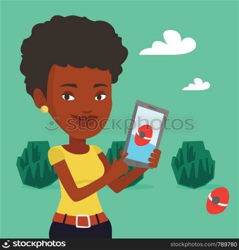 Young african-american woman playing action game on smartphone. Young woman playing on her smartphone outdoor. Woman using smartphone for playing games. Vector flat design illustration. Square layout.. Woman playing action game on smartphone.