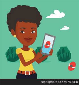 Young african-american woman playing action game on smartphone. Young woman playing on her smartphone outdoor. Woman using smartphone for playing games. Vector flat design illustration. Square layout.. Woman playing action game on smartphone.