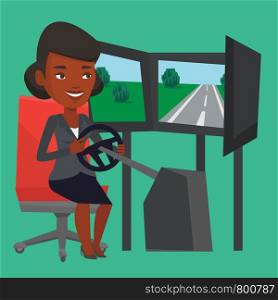 Young african-american woman playing video game with gaming wheel. Happy gamer driving autosimulator in game room. Woman playing car racing video game. Vector flat design illustration. Square layout.. Woman playing video game with gaming wheel.
