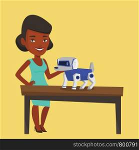 Young african-american woman playing with a robotic dog. Smiling woman standing near the table with a robotic dog on it. Woman stroking a robotic dog. Vector flat design illustration. Square layout.. Happy young woman playing with robotic dog.