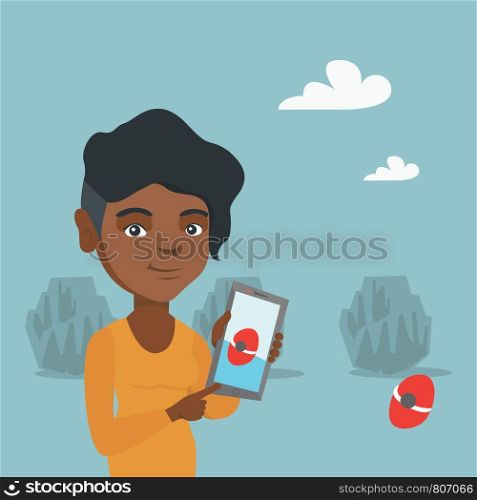 Young african-american woman playing with her mobile phone outdoor. Woman playing action game on a smartphone. Woman using a smartphone for playing games. Vector cartoon illustration. Square layout.. African woman playing action game on smartphone.