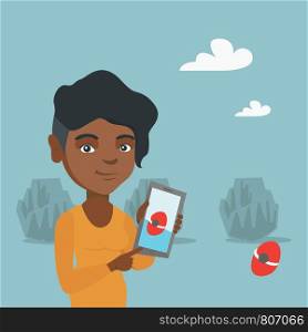 Young african-american woman playing with her mobile phone outdoor. Woman playing action game on a smartphone. Woman using a smartphone for playing games. Vector cartoon illustration. Square layout.. African woman playing action game on smartphone.