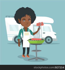 Young african-american woman preparing meat on grill on the background of camper van. Woman travelling by camper van and barbecuing meat outdoors. Vector cartoon illustration. Square layout.. Woman barbecuing meat in front of camper van.