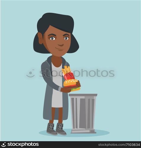 Young african-american woman putting junk food into a trash can. Smiling woman throwing out unhealthy junk food. Concept of healthy lifestyle and nutrition. Vector cartoon illustration. Square layout.. Woman throwing out junk food into the trash can.