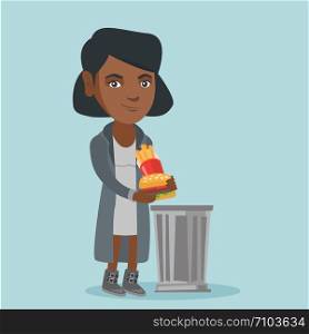 Young african-american woman putting junk food into a trash can. Smiling woman throwing out unhealthy junk food. Concept of healthy lifestyle and nutrition. Vector cartoon illustration. Square layout.. Woman throwing out junk food into the trash can.