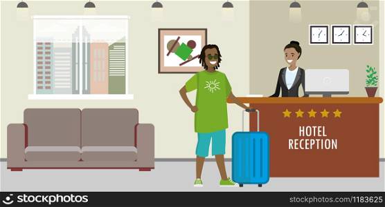 Young african american woman receptionist and african tourist stands at reception desk. Travel, hospitality, hotel booking concept.Reception interior.Flat vector illustration. Young african american woman receptionist and african tourist.