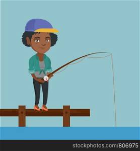 Young african-american woman relaxing during fishing on jetty. Cheerful fisherwoman fishing on lake. Angler standing on the jetty with fishing-rod in hands. Vector cartoon illustration. Square layout.. Young african-american woman fishing on jetty.
