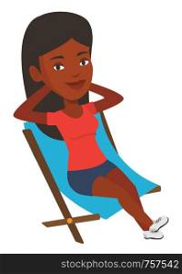 Young african-american woman relaxing in folding chair. Smiling woman sitting in folding chair. Woman enjoying his vacation. Vector flat design illustration isolated on white background.. Young woman sitting in folding chair.