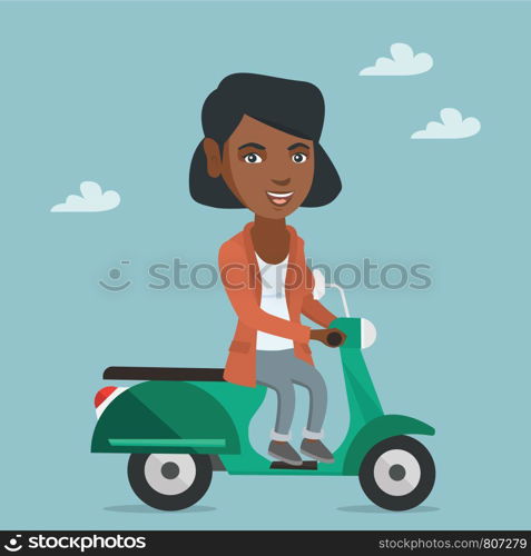 Young african-american woman riding a scooter outdoor. Smiling business woman traveling on a scooter. Happy woman enjoying her trip on a scooter. Vector cartoon illustration. Square layout.. Young african-american woman riding a scooter.