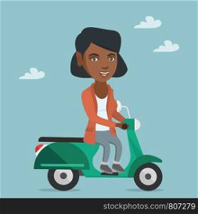 Young african-american woman riding a scooter outdoor. Smiling business woman traveling on a scooter. Happy woman enjoying her trip on a scooter. Vector cartoon illustration. Square layout.. Young african-american woman riding a scooter.